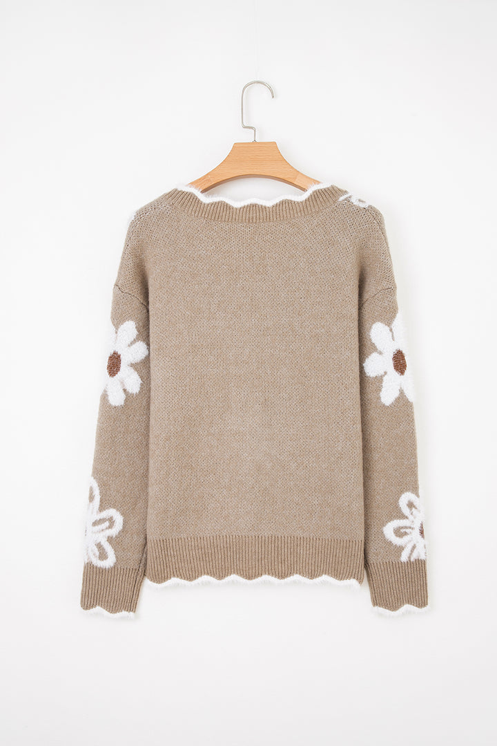 Smoke Gray Plush Flower Pattern Scalloped Trim V Neck Sweater