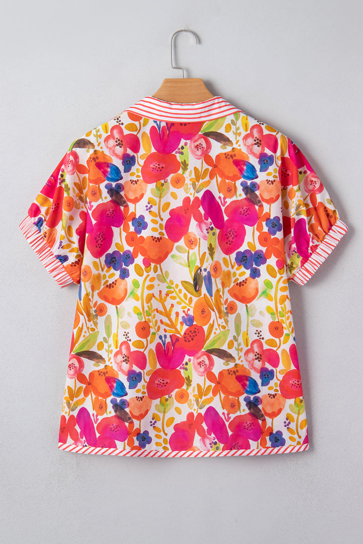 Rose Striped Trim Collared V Neck Short Sleeve Floral Print Blouse