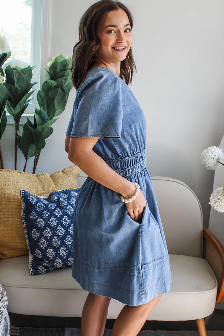 Myosotis Elastic Waist Short Sleeve Denim Mini Dress
