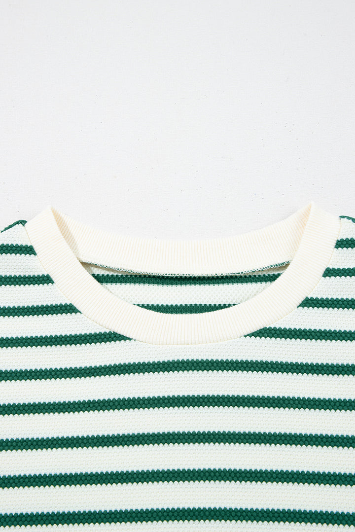 Green Stripe Scallop Lace Trim Ruffle Short Sleeves Crewneck Top