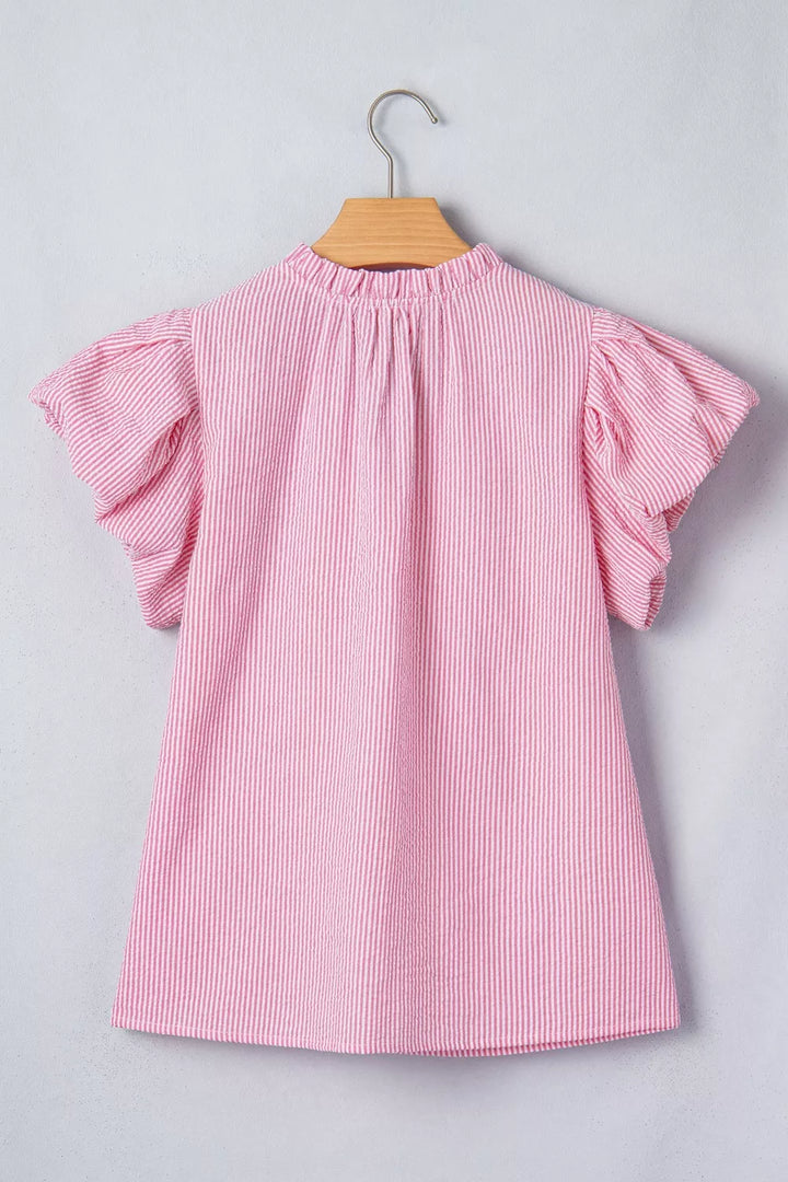 Stripe Short Bubble Sleeve Split V Neck Blouse