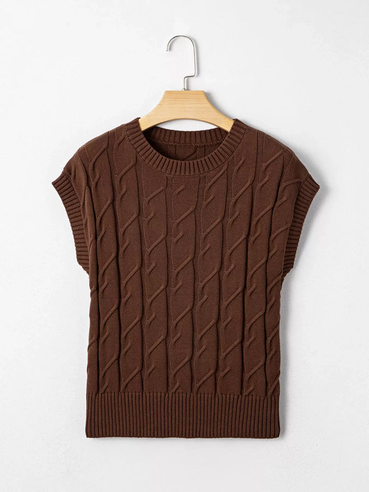 Cable Texture Crew Neck Short Sleeve Sweater Top