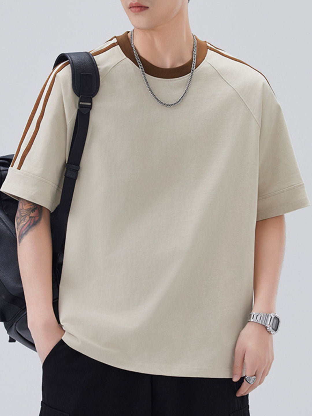 Men's Plus Size Striped Trim Casual T-Shirt
