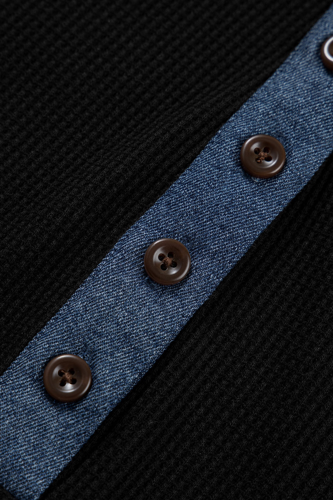 Black Textured Knit Denim Patchwork Button Collar Long Sleeve Top