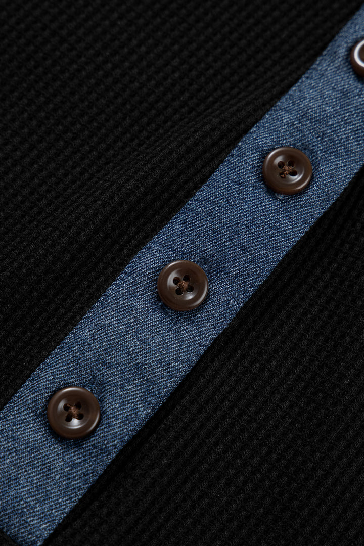 Black Textured Knit Denim Patchwork Button Collar Long Sleeve Top