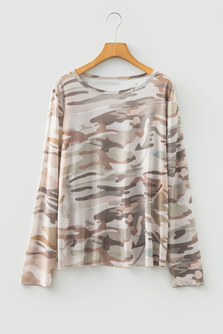 Green Plus Size Western Camo Print Mesh Long Sleeve Top