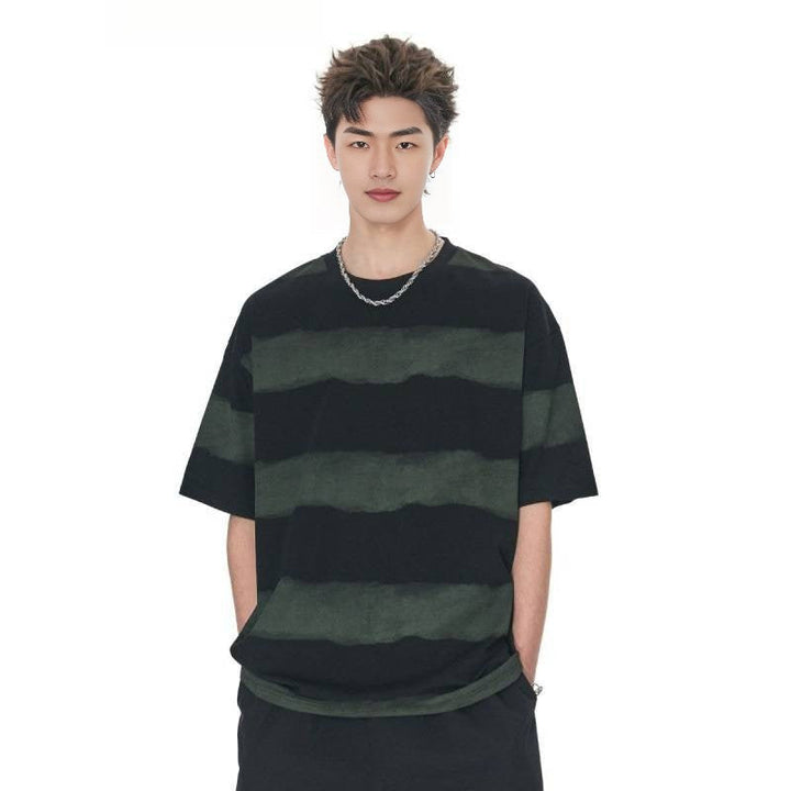 Tie-dye Washed Striped Short-Sleeve Mens Cotton T-Shirt