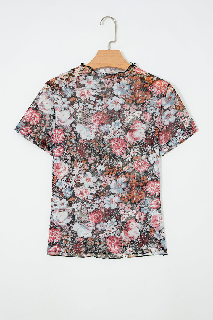 Brown Floral Printed Mesh Short Sleeve Top