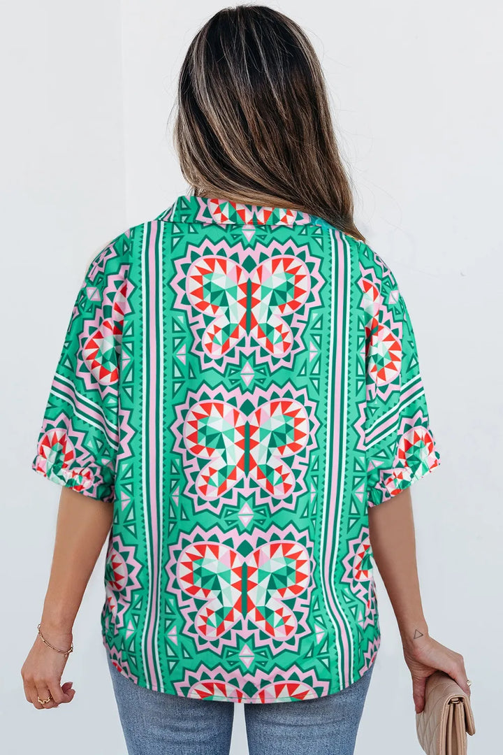 Boho Abstract Print Contrast Striped Collared V Neck Blouse