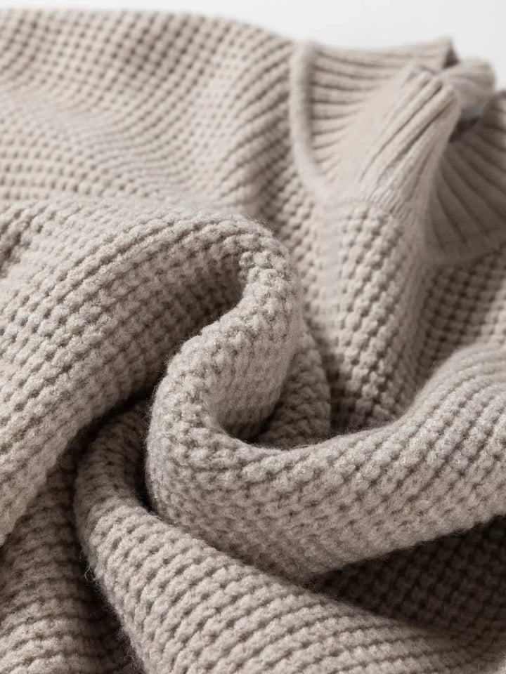 Waffle Texture Knit Ribbed High Neck Drop Shoulder Sweater