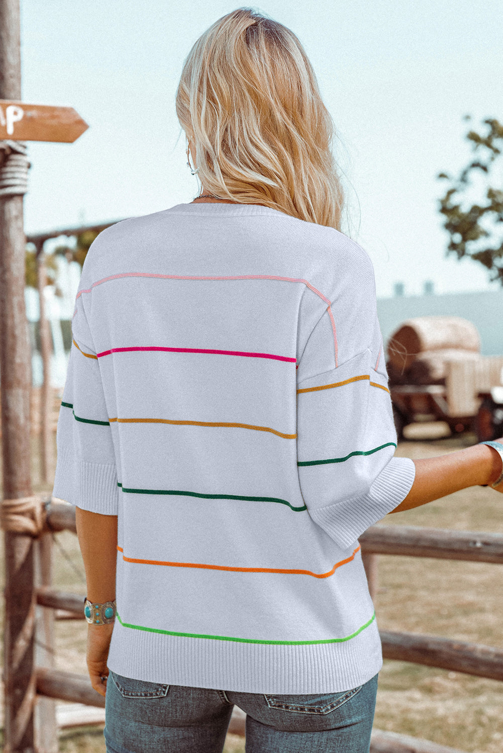 Beau Blue Colorblock Striped Half Sleeve Drop Shoulder Sweater