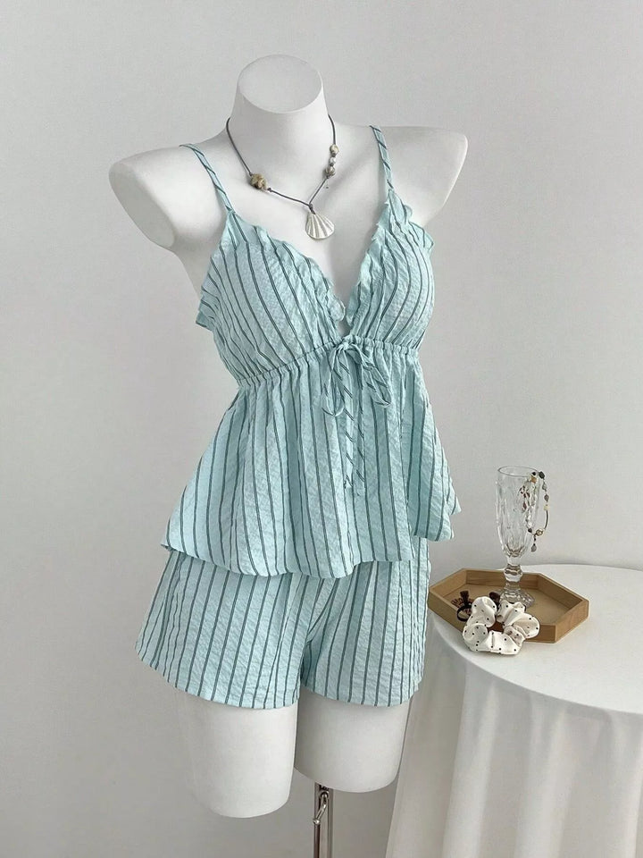 Tie Front Striped Cami and Shorts Set
