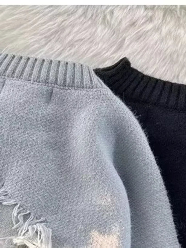 Men's Plus Size Distressed Knit Pullover Sweater