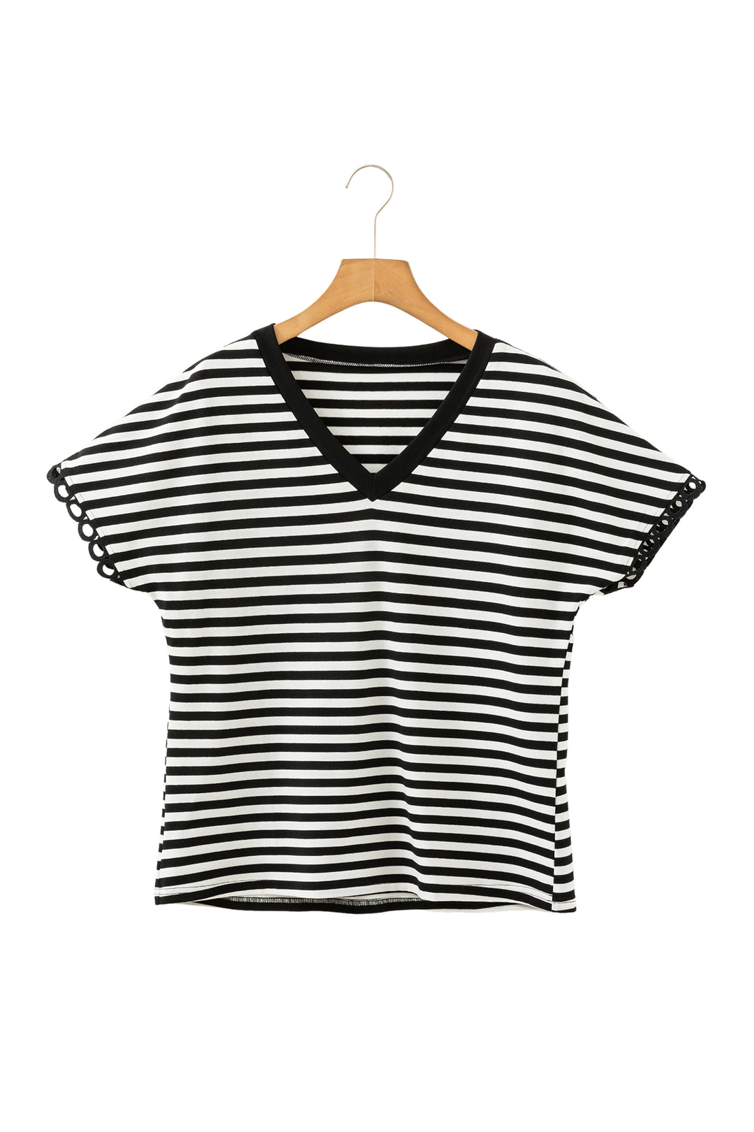 Black Striped Print V Neck Delicate Trim Casual Tee