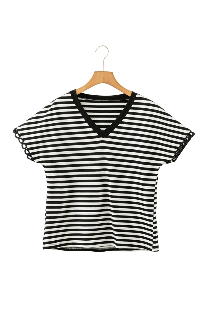 Black Striped Print V Neck Delicate Trim Casual Tee