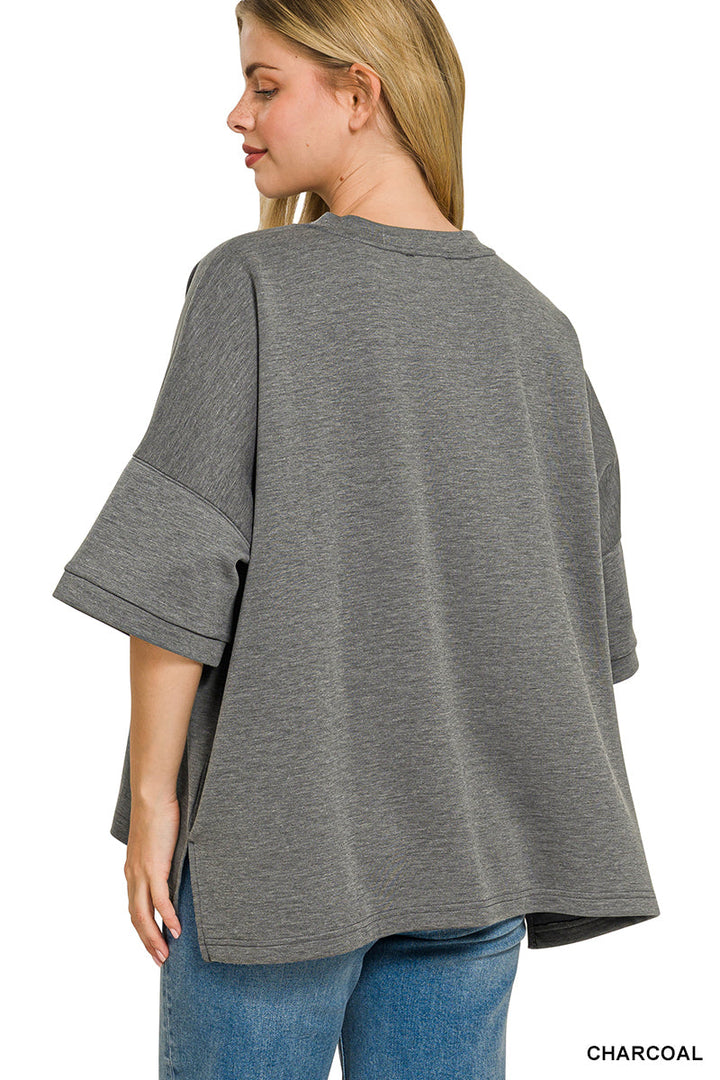 Zenana Full Size Scuba Round Neck Top With Side Slits Plus Size