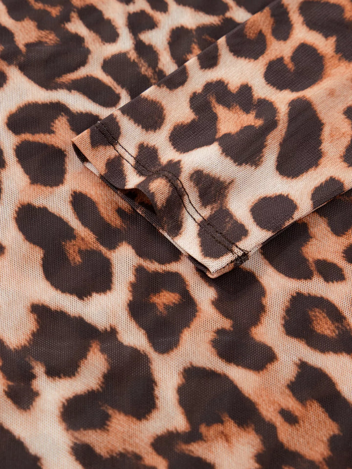 Leopard Mock Neck Long Sleeve Mesh Top