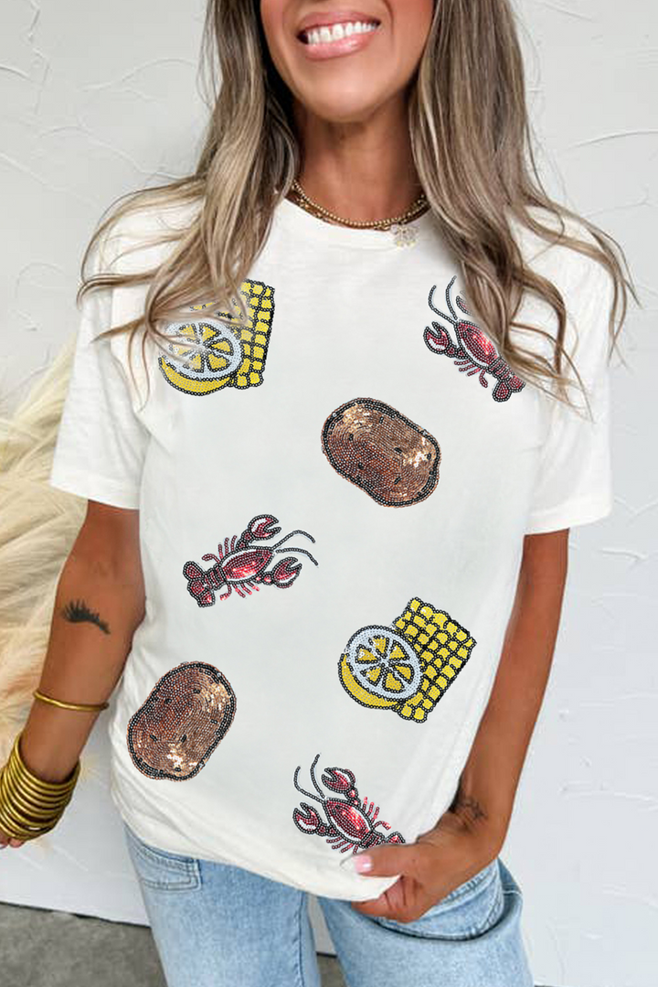 White Sequin Crawfish Potato Lemon Corn Graphic Crewneck T Shirt