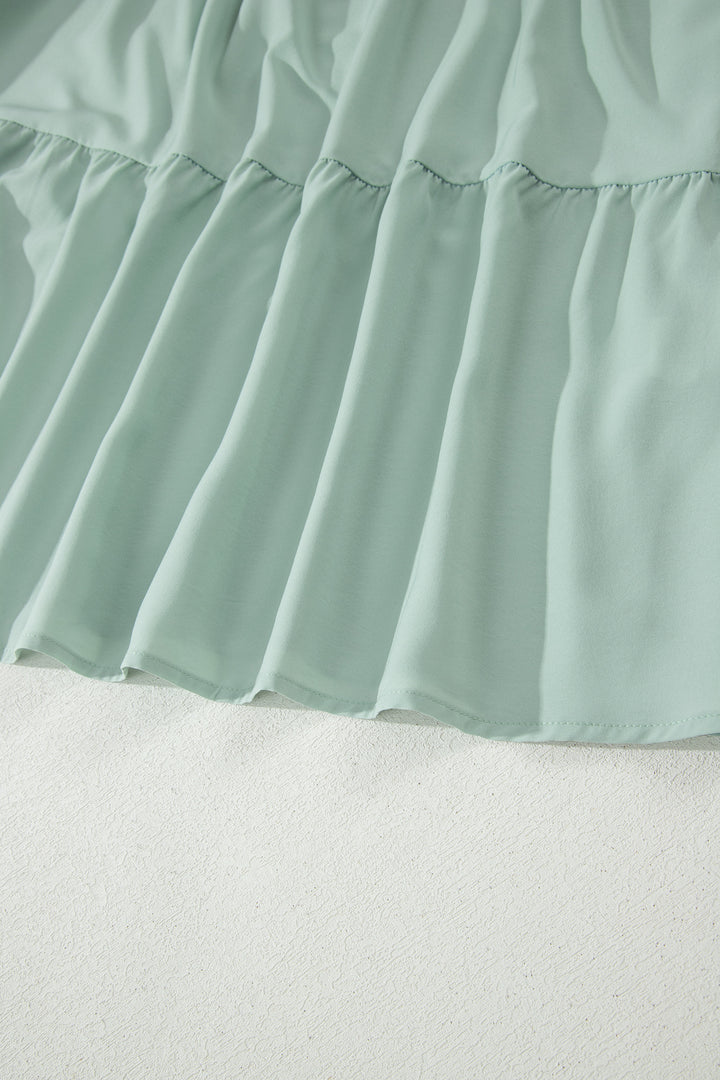 Clearly Aqua Solid Color V Neck Short Puff Sleeve High Waist Tiered Maxi Dress