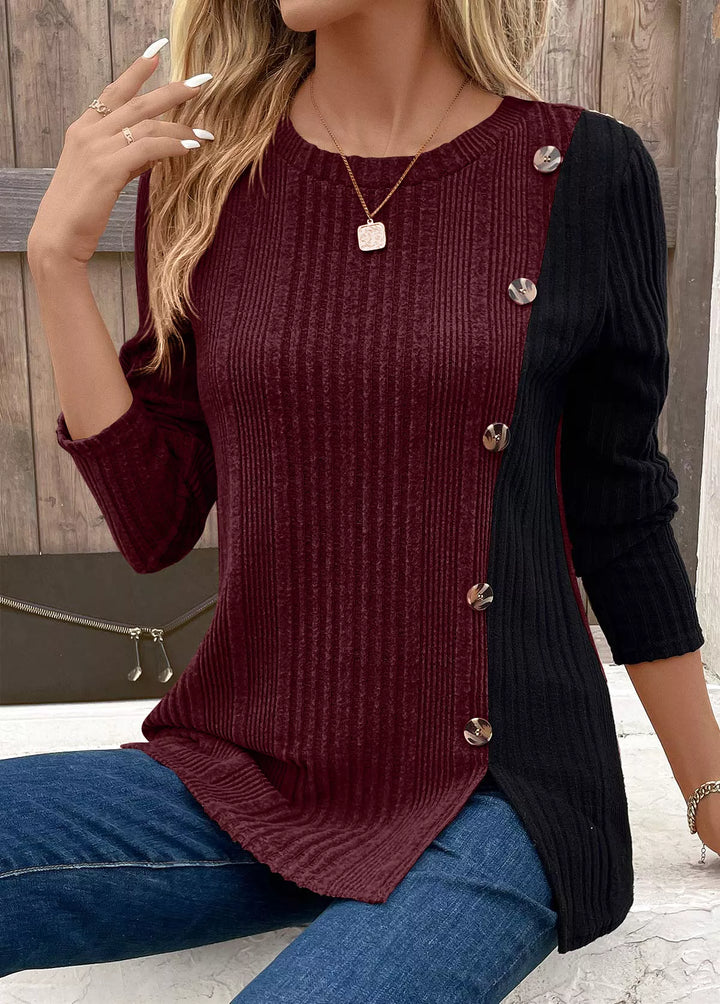 Color Block Ribbed Knit Decor Button T-Shirt