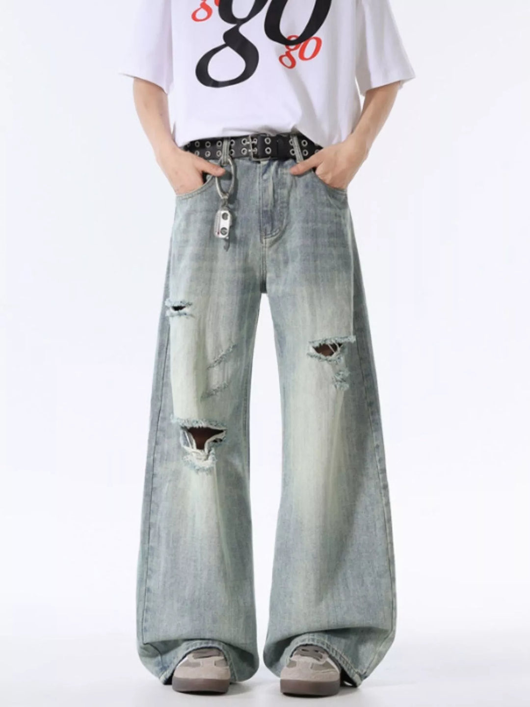 Men's Wash Distressed Wide Leg Jeans