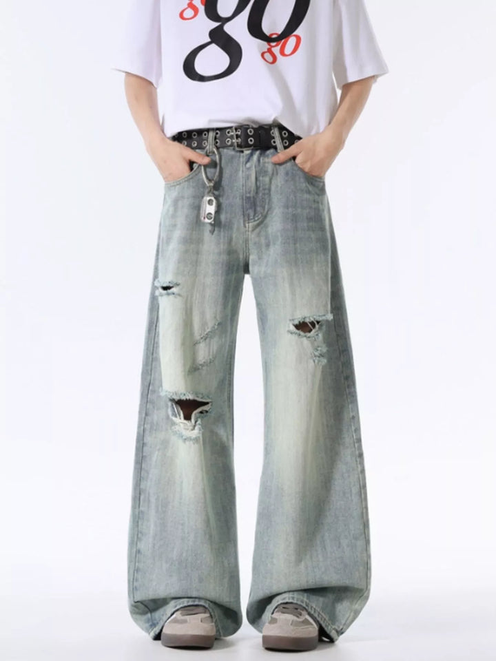 Men's Wash Distressed Wide Leg Jeans