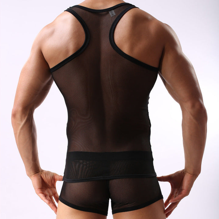 Fitness Transparent Cutout Mesh Men's Underwear Mesh Style For Sports Hurdles Vest Shorts Set