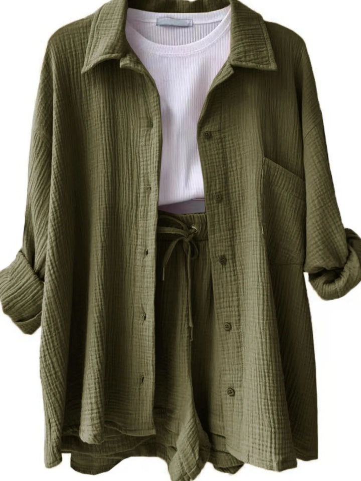 Textured Button Up Shirt and Shorts Set