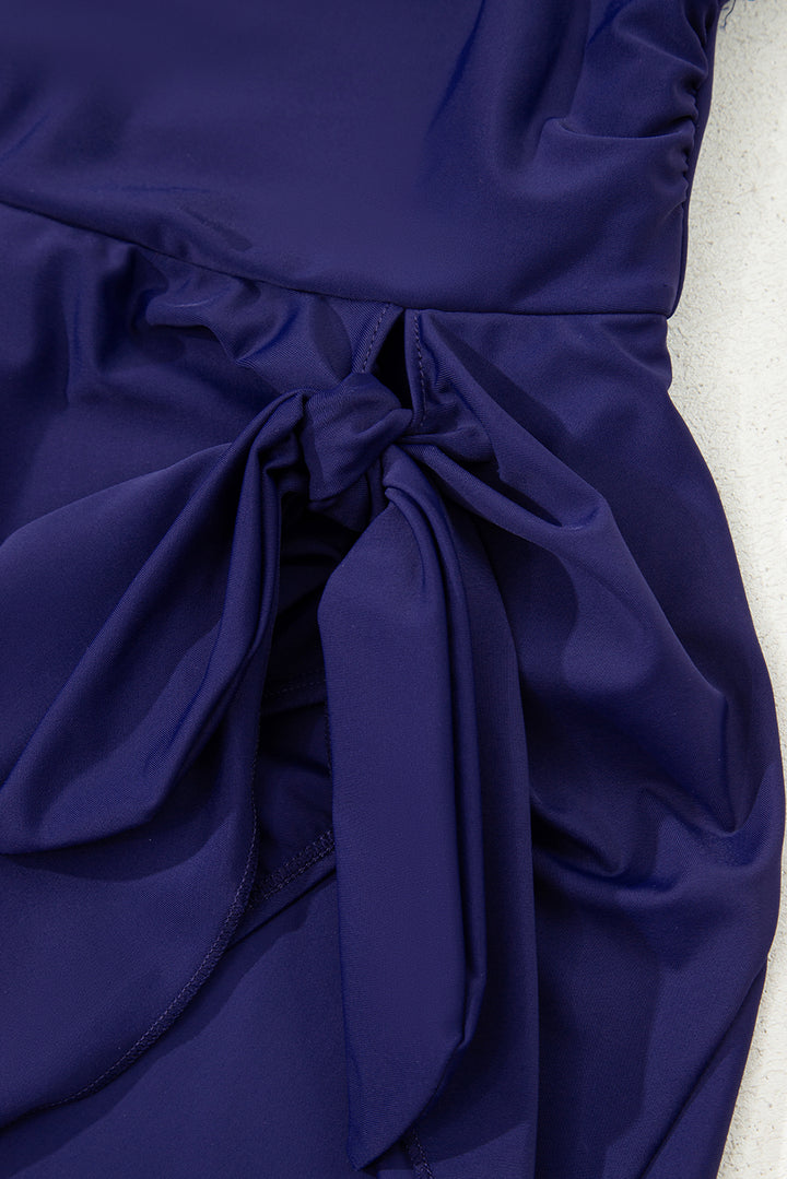 Navy Blue Adjustable Straps Cutout Ruched Knot Slit One Piece Swim Dress