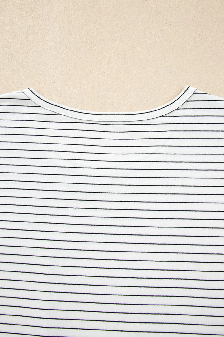 Stripe Cap Sleeve Crew Neck Casual Tee with Chest Pocket