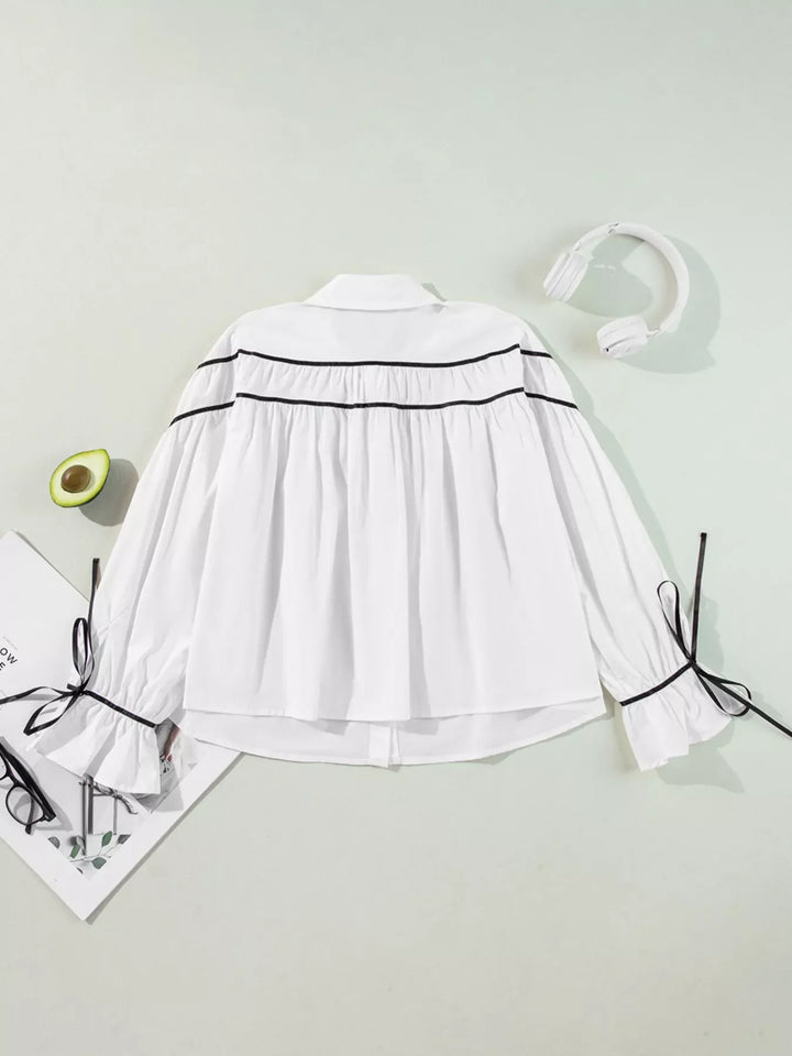 Elegant Contrast Bow-Tie Ruffle Blouse