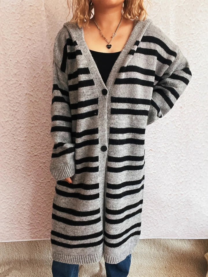 Striped Open Front Hooded Cardigan