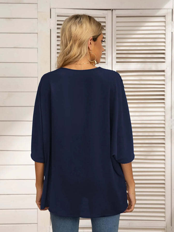 Printed Trim V-Neck Batwing Sleeve Blouse