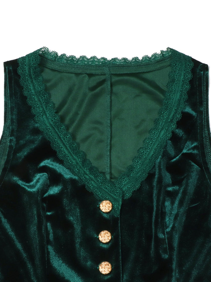 Velvet Lace Trim Button-Down Vest