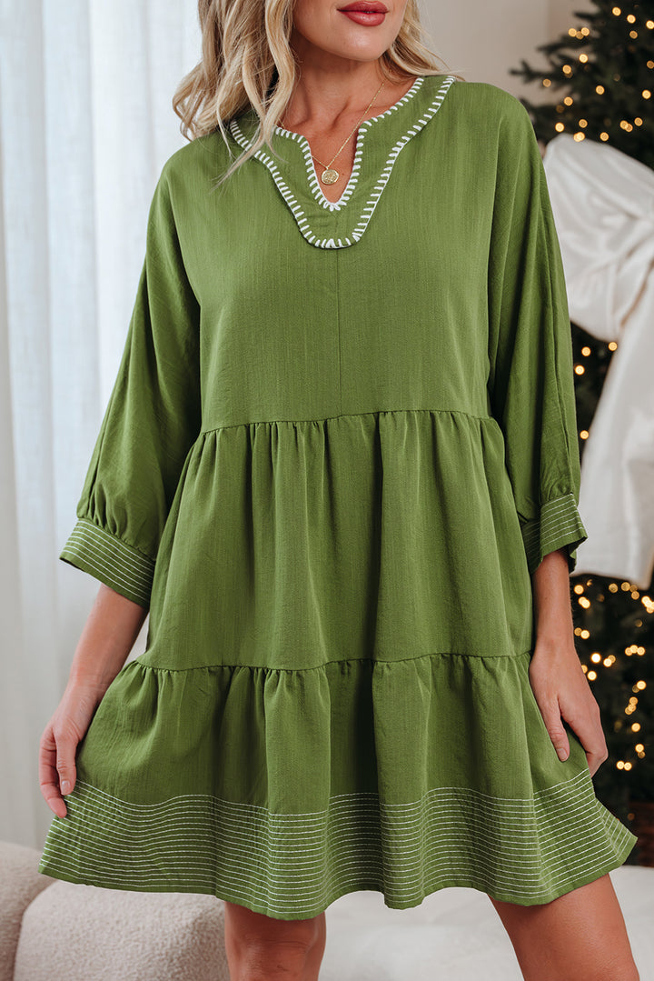 Jungle Green Contrast Stitched V Neck 3/4 Sleeve Tiered Mini Dress