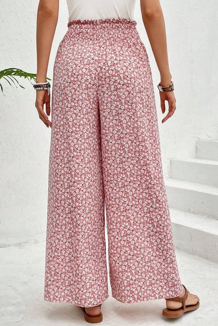 Pantalon taille haute à smocks et jambes larges à imprimé bohème rose