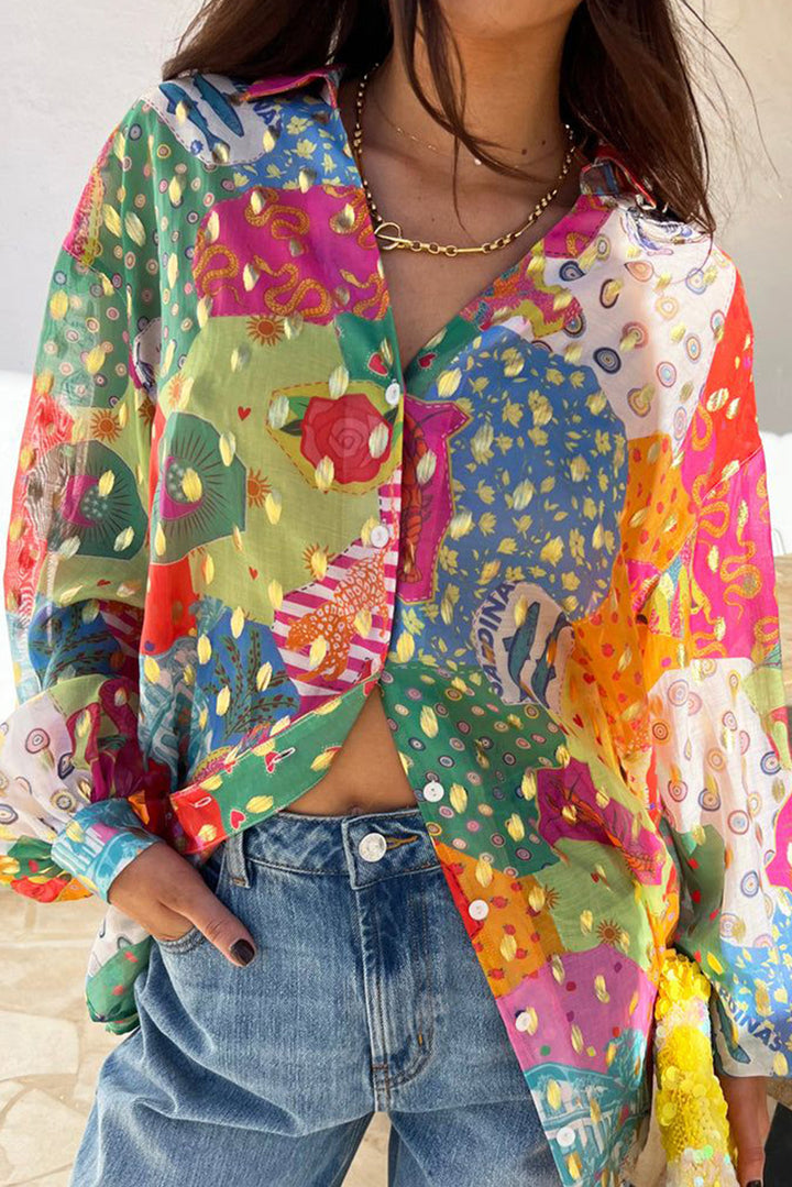 Chemise ample boutonnée à imprimé abstrait colorblock rouge rose