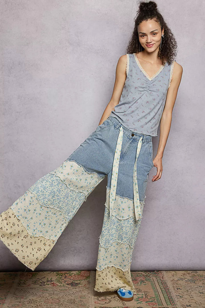 POL Ruched Floral V-Neck Tank with Lace Detail