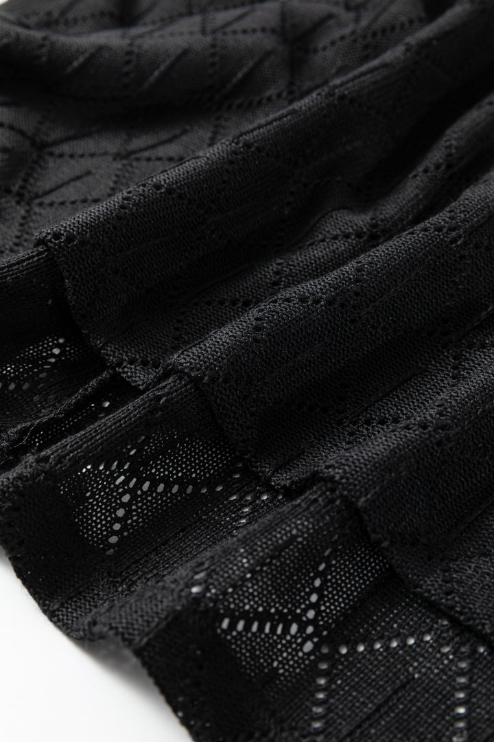 Black Pointelle Rhombus Knit Plus Size V Neck Loose Top