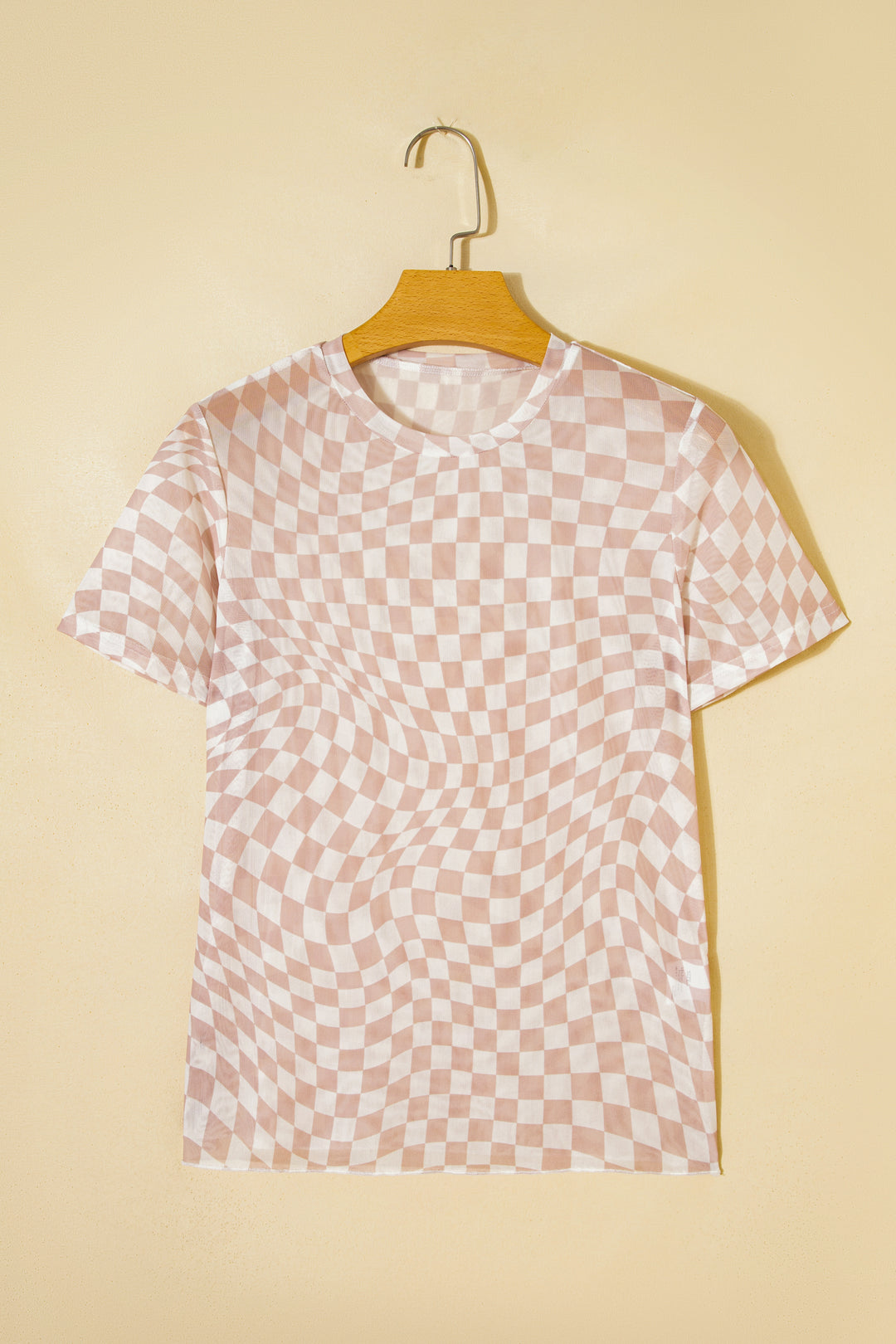 Khaki Checkered Print Mock Neck Mesh T Shirt