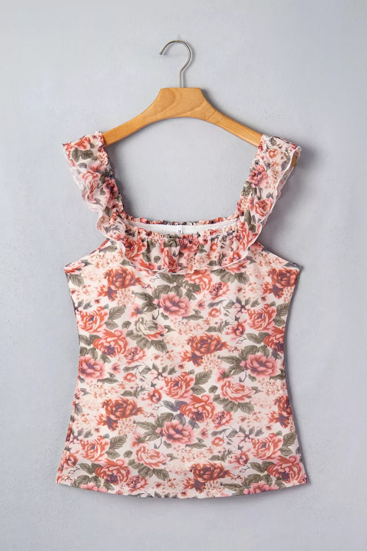 Floral Print Ruffle Trim Tank