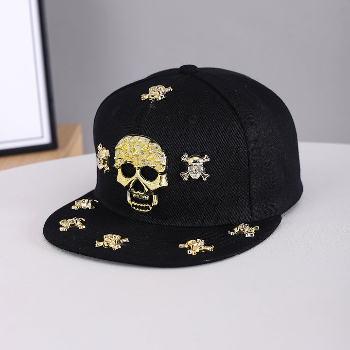Men's And Women's Identical Skull Metal Rivet Versatile Punk Rock Style Flat-brim Baseball Cap Suitable For Music Festivals, Skateboarding And Daily Outings