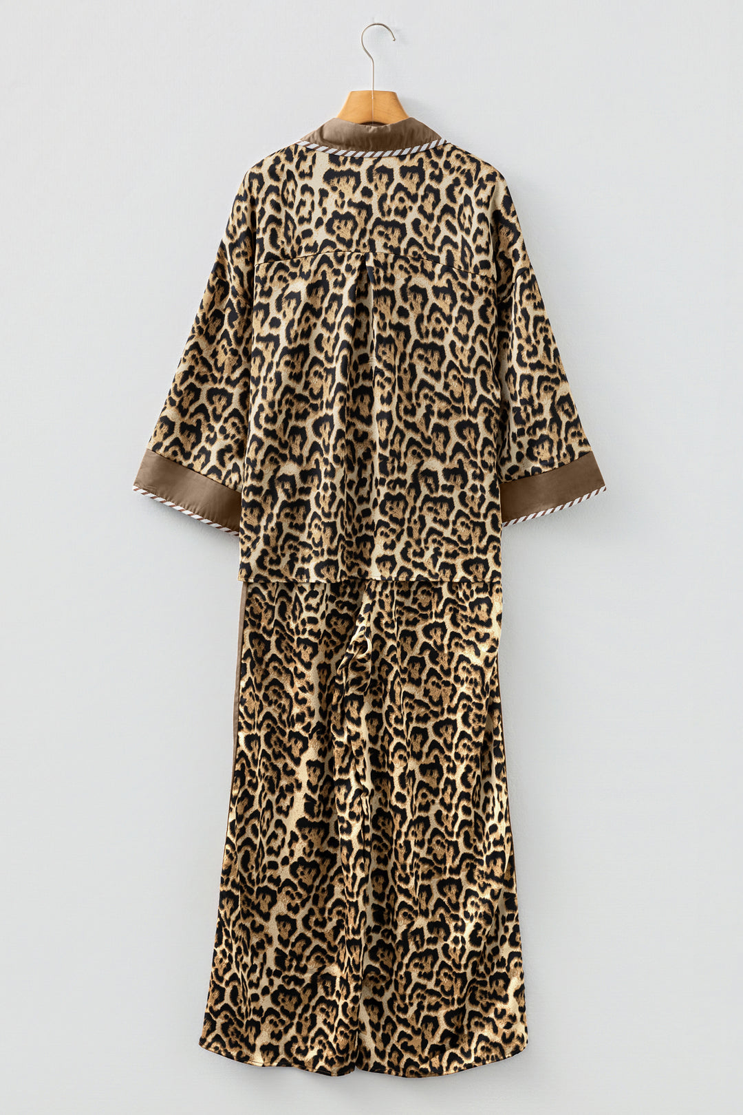 Brown Leopard Collared 3/4 Sleeve Shirt and Loose Pants Two Piece Outfit Set