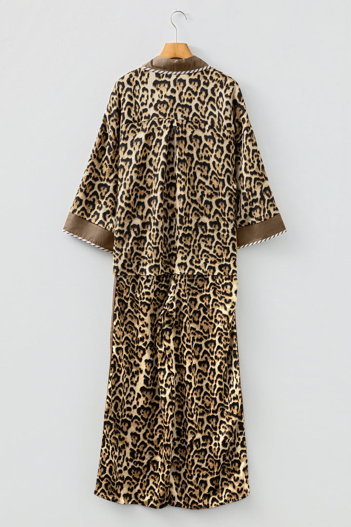 Brown Leopard Collared 3/4 Sleeve Shirt and Loose Pants Two Piece Outfit Set