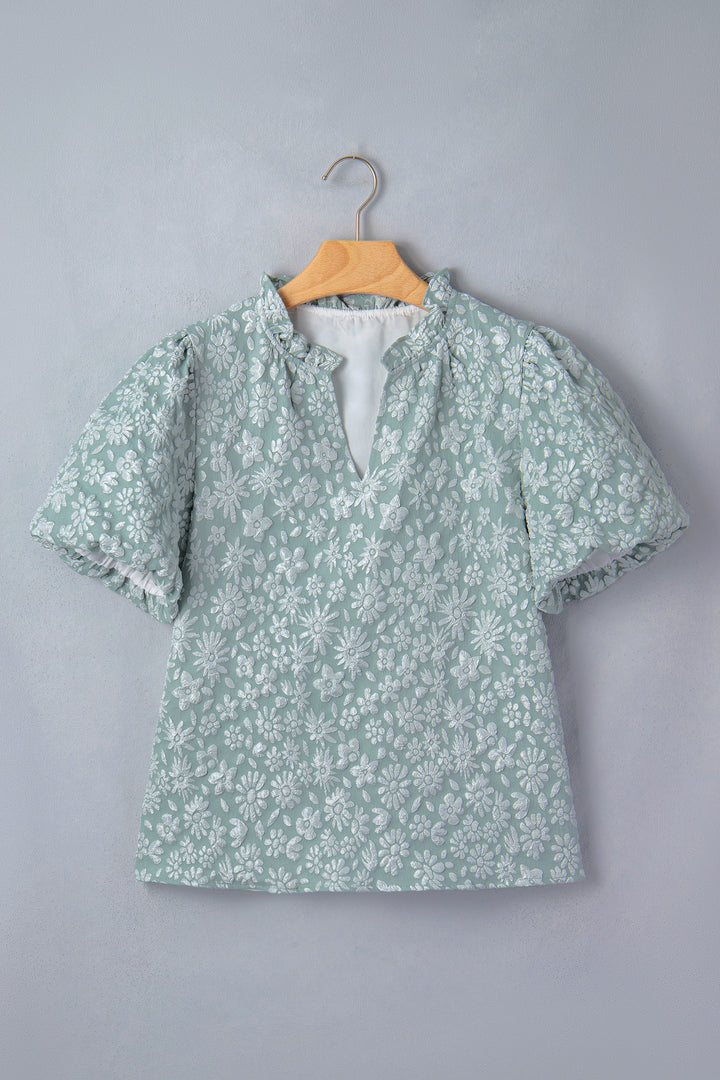 Iceland Blue Floral Textured Jacquard Puff Sleeve Blouse
