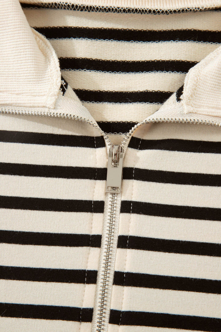 Black Stripe Ribbed Color Block Trim Zip Polo Tee Drawstring Shorts 2pcs Outfit