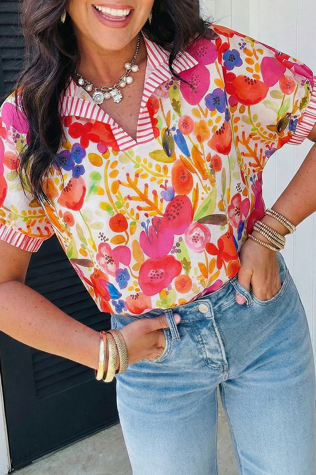 Rose Striped Trim Collared V Neck Short Sleeve Floral Print Blouse