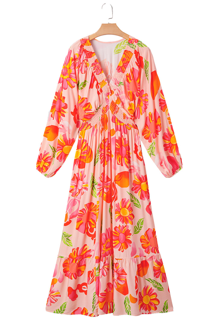 Beige Floral Print Smocked Detail V Neck Puff Sleeve Flowy Maxi Dress
