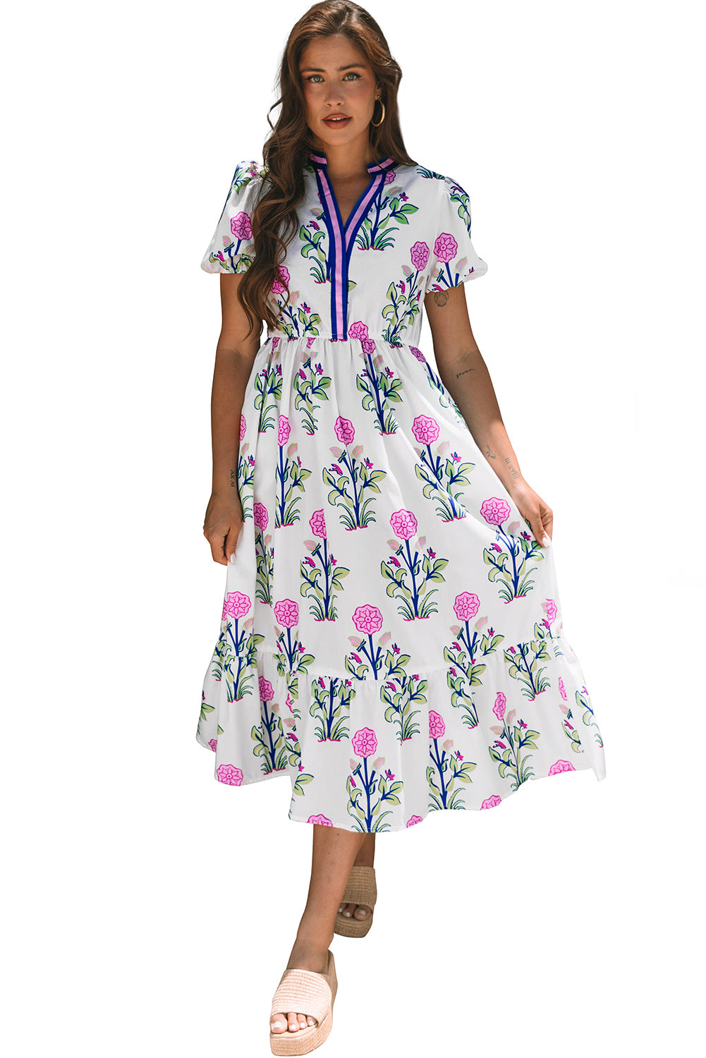 White Floral Puff Short Sleeve V Neck High Waist Maxi Dress