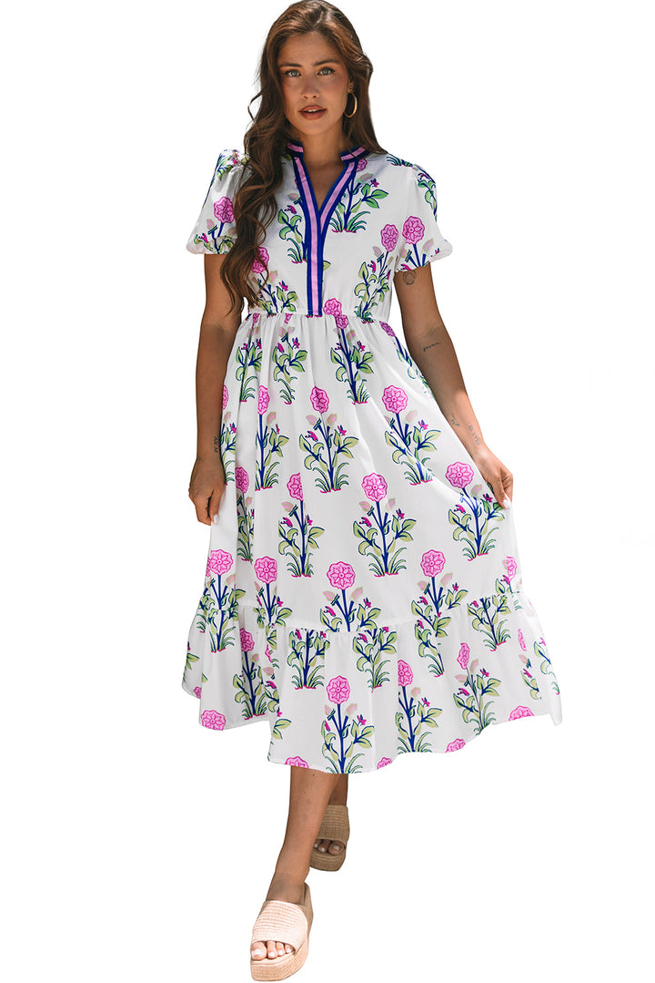 White Floral Puff Short Sleeve V Neck High Waist Maxi Dress